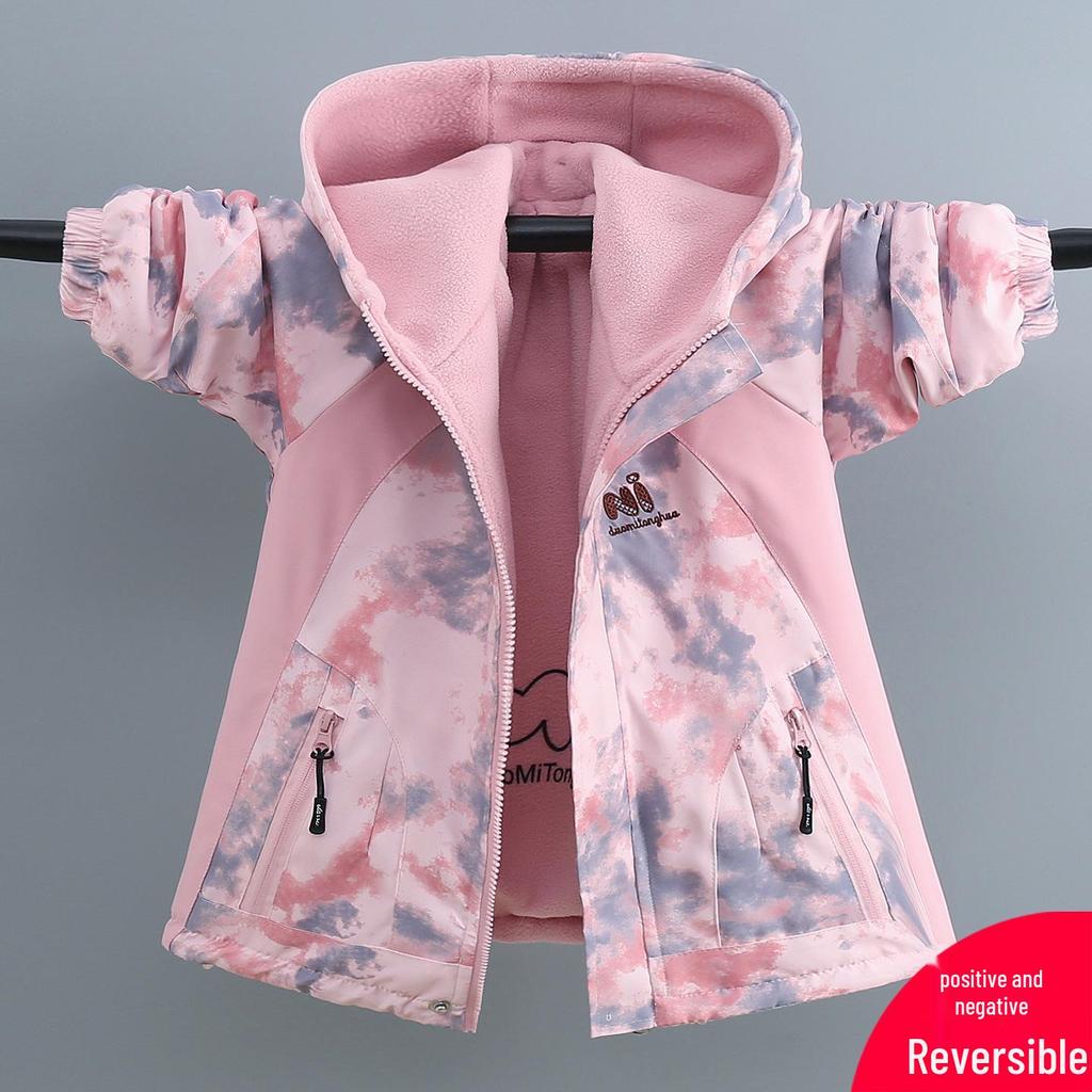 Dwustronna zimowa kurtka z polaru aksamitnego dla dziewcząt - Odwracana wiatrówka dla starszych dzieci, idealna na narty wiosną/jesienią i aktywności na świeżym powietrzu.
