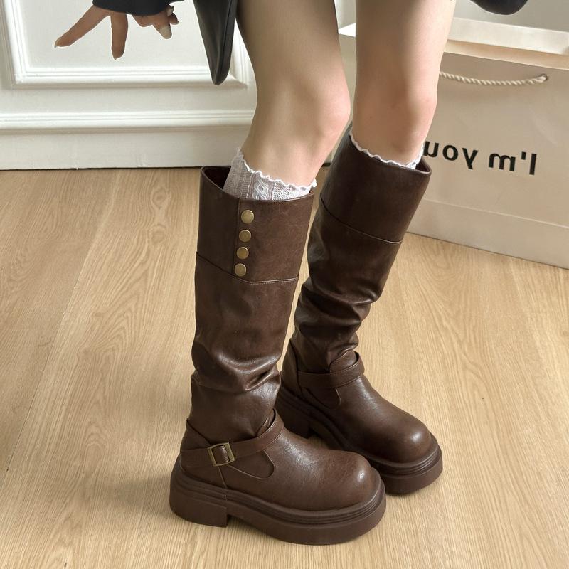 Vintage British style thick heel platform boots women's 2025 new autumn and winter thin boots knight boots