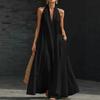 Sommer-Maxikleid für Damen, lässig, ärmellos, Neckholder, V-Ausschnitt, Revers, langes Kleid, Strandurlaub, fließendes Sommerkleid mit Taschen
