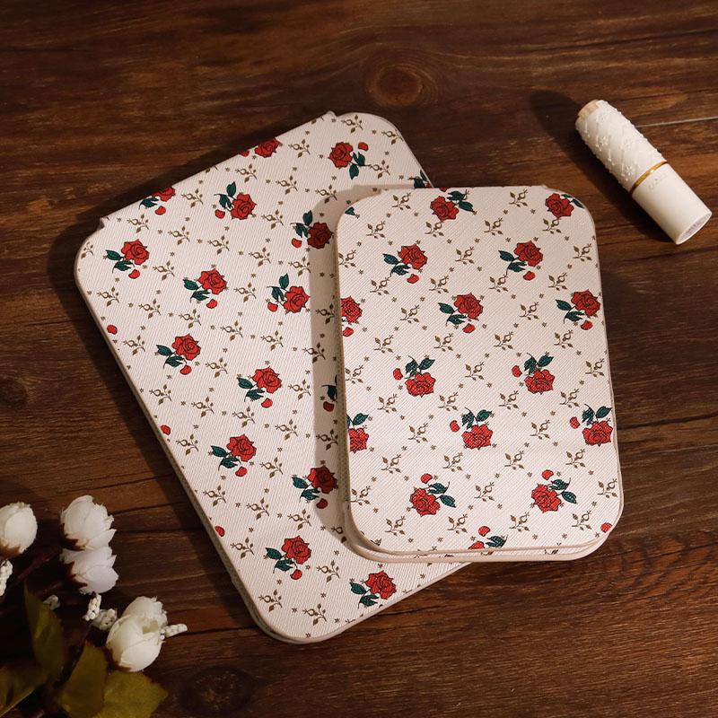 Desktop Makeup Mirror Floral Pu Leather Simple Portable Handheld Makeup Mirror Foldable Student Compact Cute Pocket Mirror