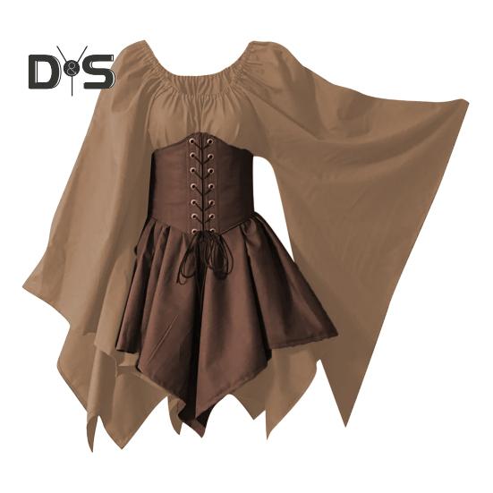 Women Long Sleeves Dress Medieval Vintage Fairy Elf Costume Bell Sleeve Retro Waist Cinching Patchwork Dress for Halloween Cosplay