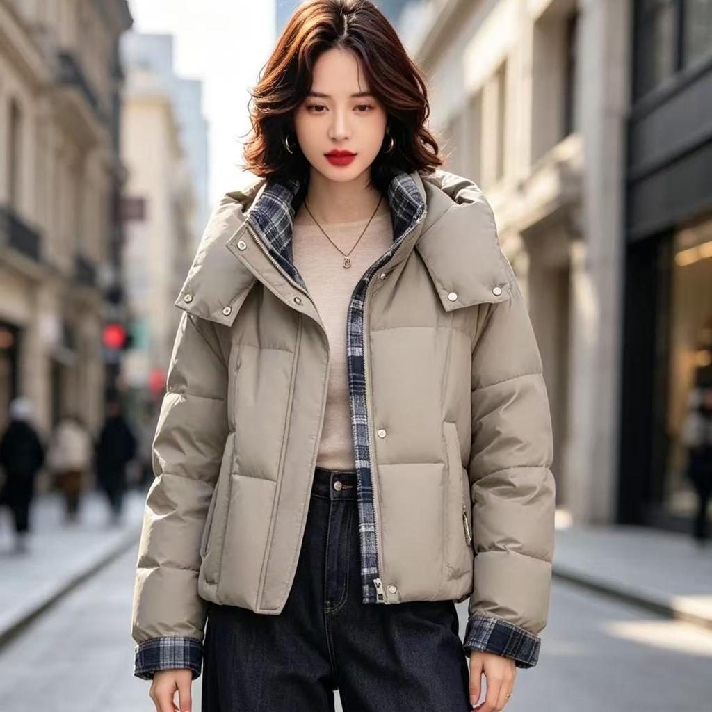 Korean Style Women's Plaid Patchwork Down Cotton Jacket - Warm, Thick, Versatile Winter Coat with Hood