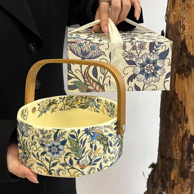 

Medieval Light Luxury Iris Ceramic Portable Fruit Basket, High-End Household Fruit Plate, Snack Plate, Exquisite Gifts 800ml