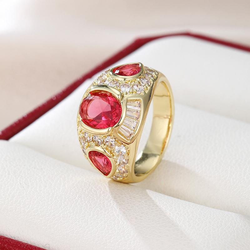 Classic Luxury Inlaid Shiny Red Geometric Synthetic Zircon Ring Suitable for Women's Daily Dating Banquet Engagement Jewelry