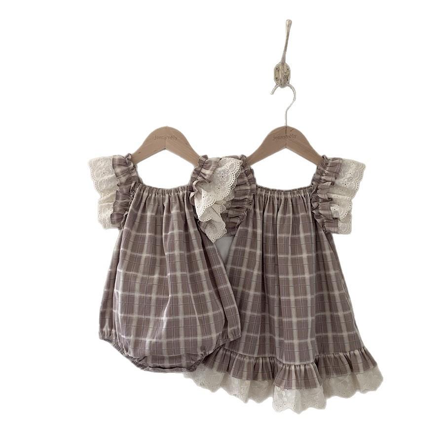 Jenny Children's Clothing Baby Clothes Summer Plaid One-piece Romper Girl Baby Lace Small Flying Sleeve Vest Climbing Clothing