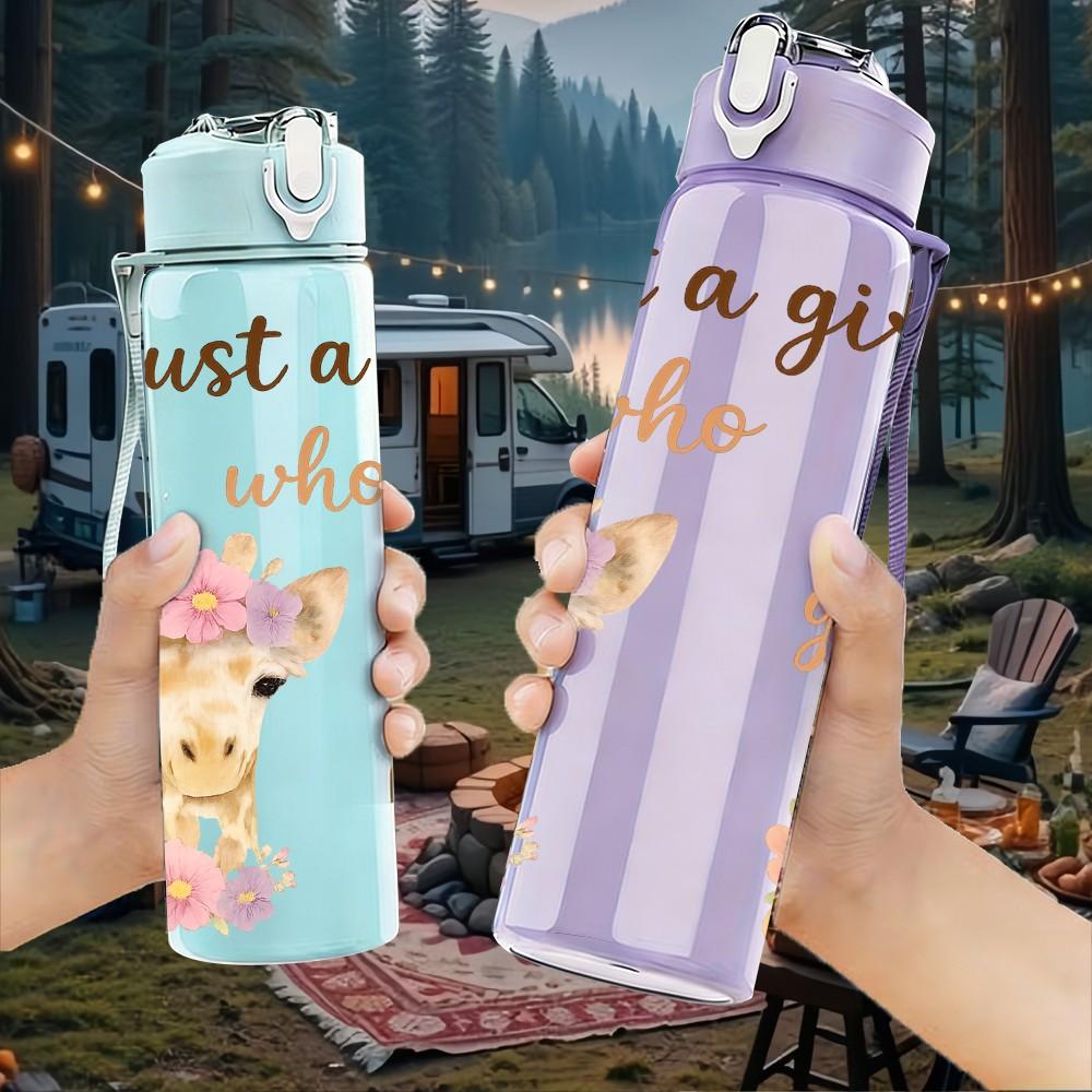 1PC Girl Who Loves Giraffes 750ml Color Plastic Sports Water Bottle Leakproof Flip Straw Lid Suitable for Sports Office Home Use
