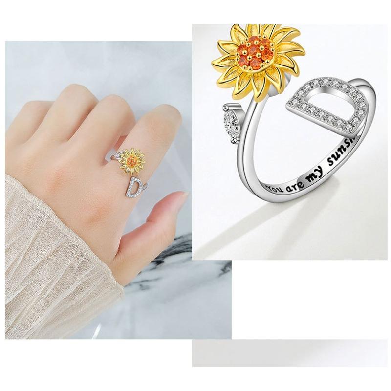 Creative Sunflower Rotating Ring 26 Letters Adjustable Open Design Women's Fashion Finger Jewelry Daily Wear & Gift Accessories