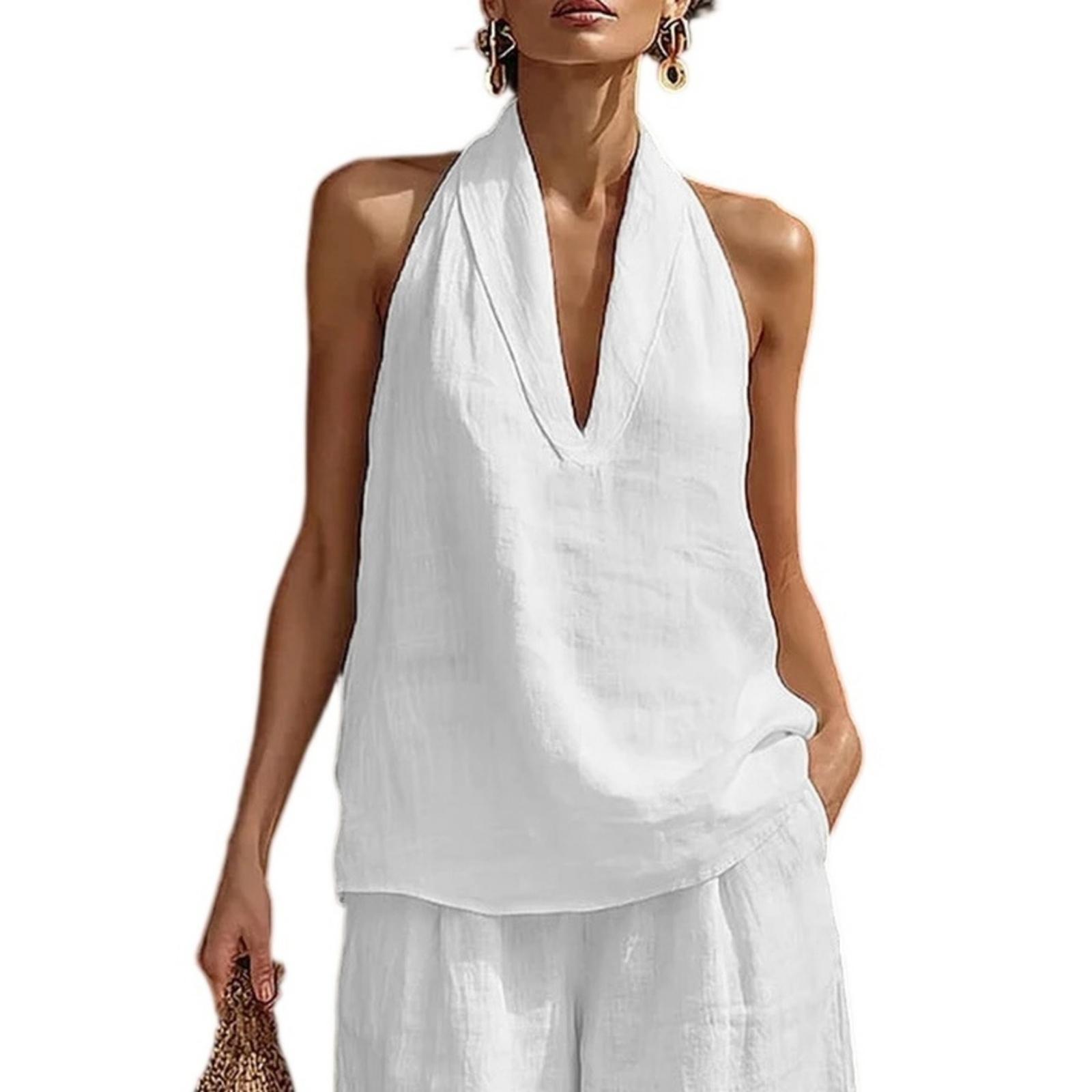 Damen ärmellos V-Ausschnitt Neckholder Top lockere Passform lässig einfarbig Leinen Baumwollmischung Sommerhemd XXL weiß