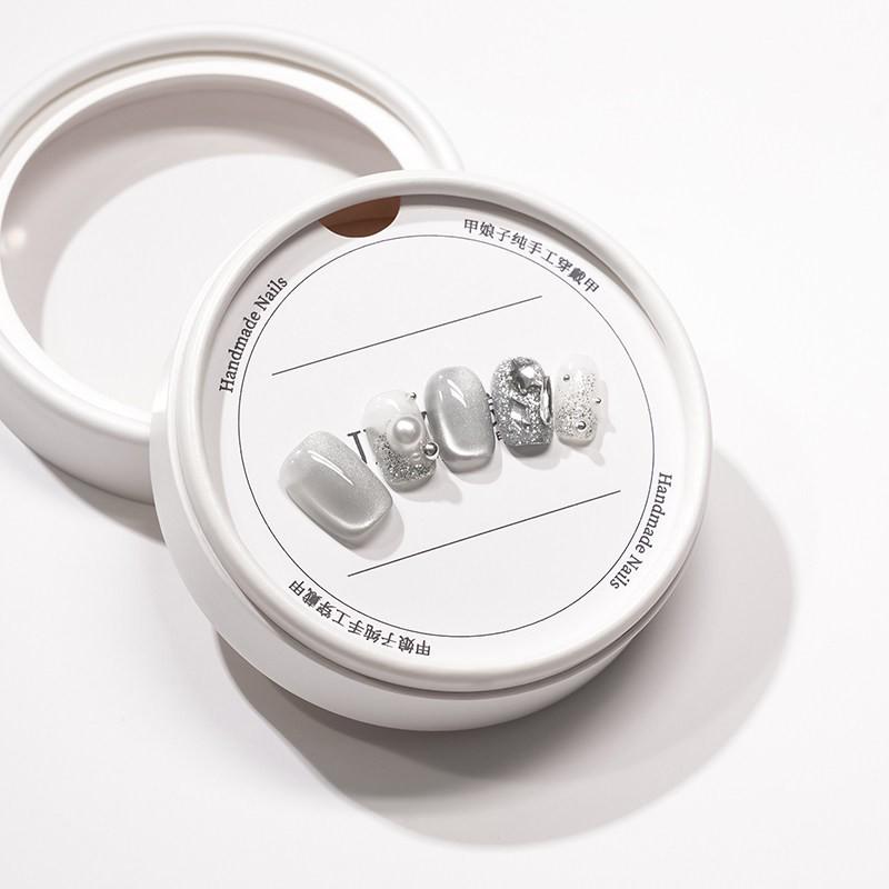 Jia Niangzi Handmade Short French Transparent Gray-White Cat Eye Pearl Rhinestone Detachable Nail Stickers