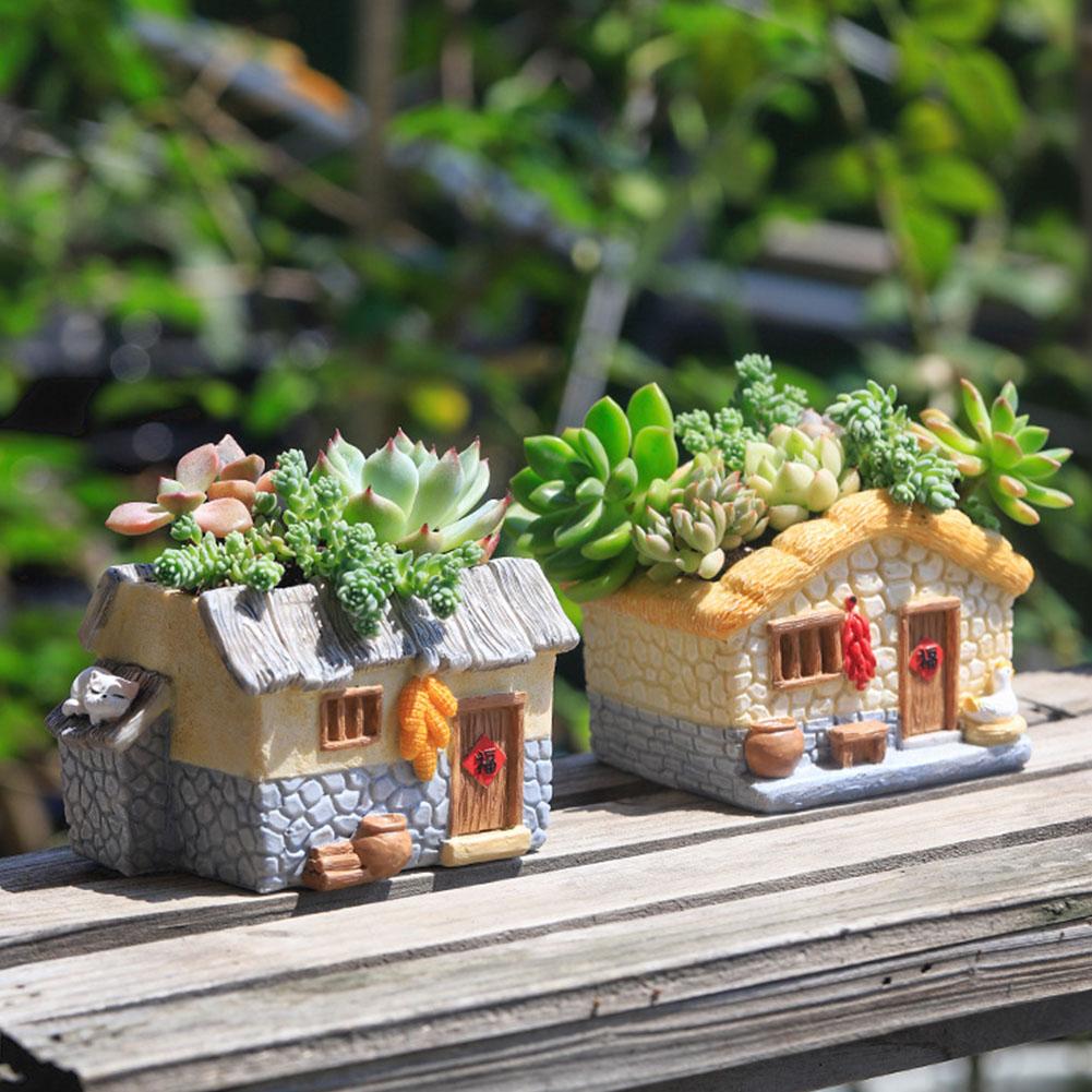 Farmhouse Succulent Pot House Shape Bonsai Pot Decorative Flower Planter Pot Multi-Function Garden Plant Pot for Micro Landscape