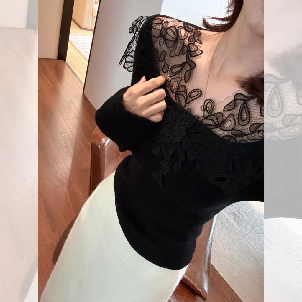 Damen-Basis-Top mit Samt-Spitzenbesatz, Slim Fit, für Herbst und Winter