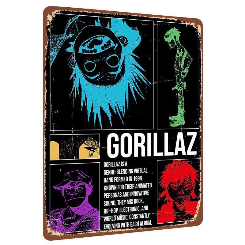 

Gorillaz Виртуальная группа Анимированная персона Арт Металлическая жестяная табличка Домашний декор Музыкальный плакат Подарок 20x30cm（7.8x11.8inch）