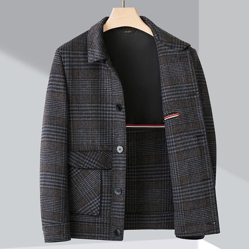 

Осенне-зимняя двусторонняя шерстяная куртка для папы, деловой повседневный короткий кашемировый шерстяной пиджак в клетку, мужской топ 195