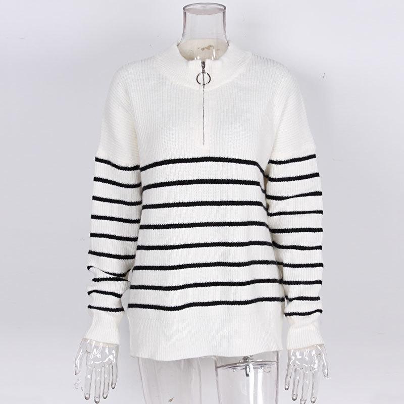Striped Sweater Women Knitted Pullovers Autumn Winter Fashion Zipper Jumpers Long Sleeve Half High Collar Loose Pullover