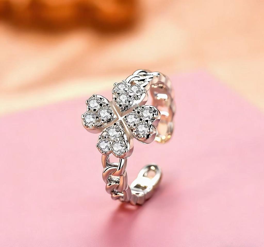 New Arrival Lucky Four-leaf Flower Zircon Ring for Women Flower Fashioneasiest for Matchclassy Sense Open Ring Four-leaf Clover Ring