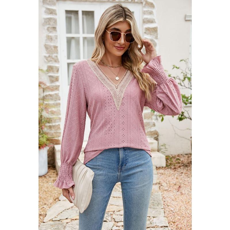 Spring and Autumn Women's T-shirt Tops Jacquard Chiffon Shirt Lace Stitching Long Sleeve Loose V-neck Blouse for Women
