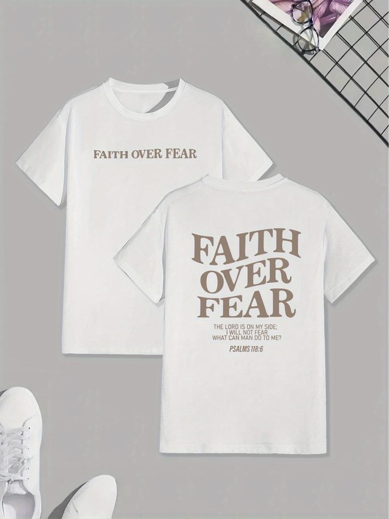 Unisex 100 Cotton Tshirt Faith Over Fear Print Christian Religious Psalm Graphic Short Sleeve Casual Streetwear Black Tee Tops