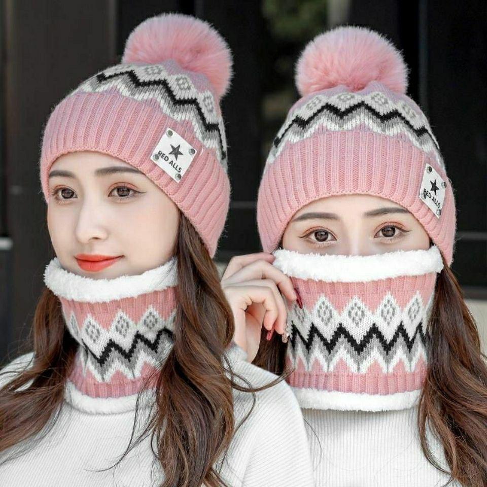 Winter women's thickened velvet warm knitted wool hat scarf set student cycling hairball ear protector hat