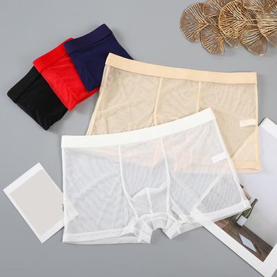 Men Boxer Underwear Mid-rise Elastic Waist Perspective Mesh Yarn Shorts Panties Ultra