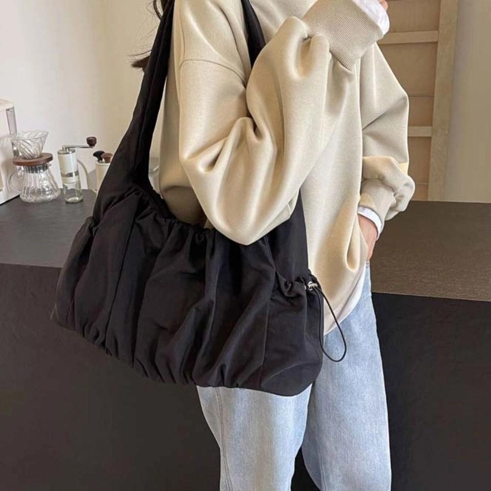 Pleated Canvas Shoulder Bag Drawstring Casual Underarm Bag Simple Cloud Crossbody Bag Women