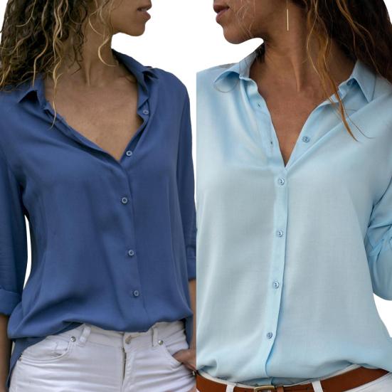 Women Sexy Buttons V Neck Solid Color Shirt Casual Autumn Long Sleeve Blouse
