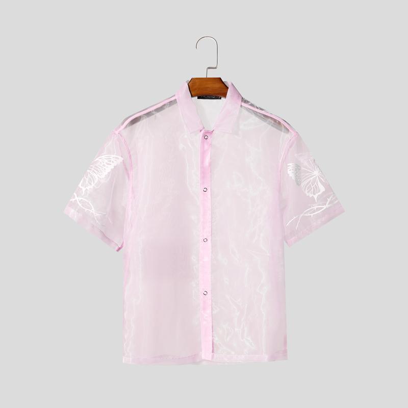 INCERUN Men Summer Short Sleeve Mesh Sheer Glitter Print Beach Through T-shirts