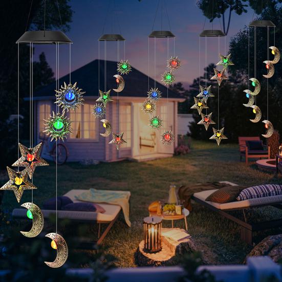 Solar Wind Chime Light, Star Sun Moon Wind Chime Solar Light, Outdoor Hanging Wind Chime, Solar Powered Garden Light for Patio Balcony Porch Terrace