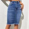 Women's Blue Washed Denim Hip-Hugging Skirt with Frayed Edge