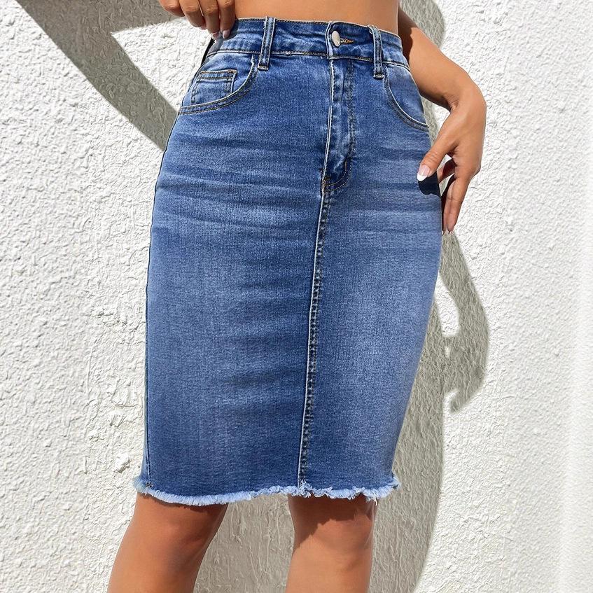 Women's Blue Washed Denim Hip-Hugging Skirt with Frayed Edge