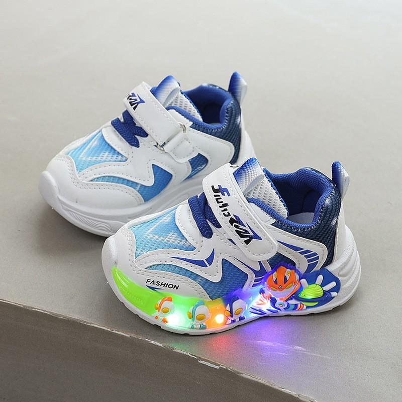 Kids Light-Up Cartoon Sneakers Boys Girls Breathable Mesh Upper Non-Slip PVC Sole Fall Outdoor Walking Shoes