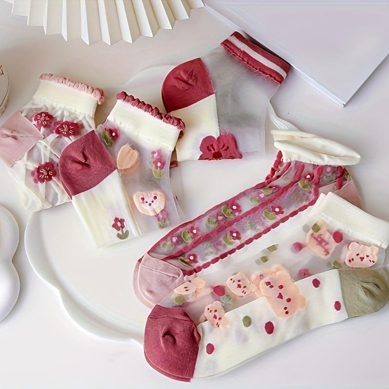 5 Pairs Spring And Summer Collection Adolescent Crystal Cute Little Bear Flower Glass Fiber Short Socks., for Teenager, For Teenager