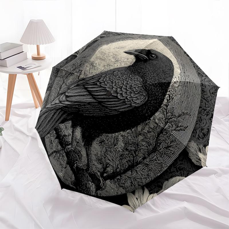 1 PC Automatic Folding Umbrella - Raven Pattern, Portable & Foldable Design with 8 Ribs, Christmas Birthday Gifts