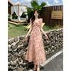 2026 Smudged Floral Dress Women's Summer V-neck Lotus Leaf Edge Waist Thin Temperament Vacation Style Gentle Long Dress