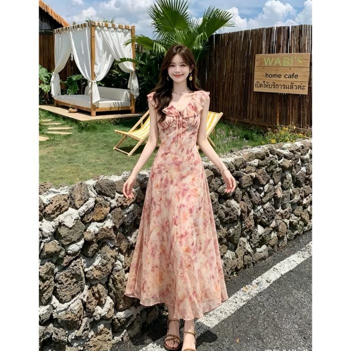 2026 Smudged Floral Dress Women's Summer V-neck Lotus Leaf Edge Waist Thin Temperament Vacation Style Gentle Long Dress