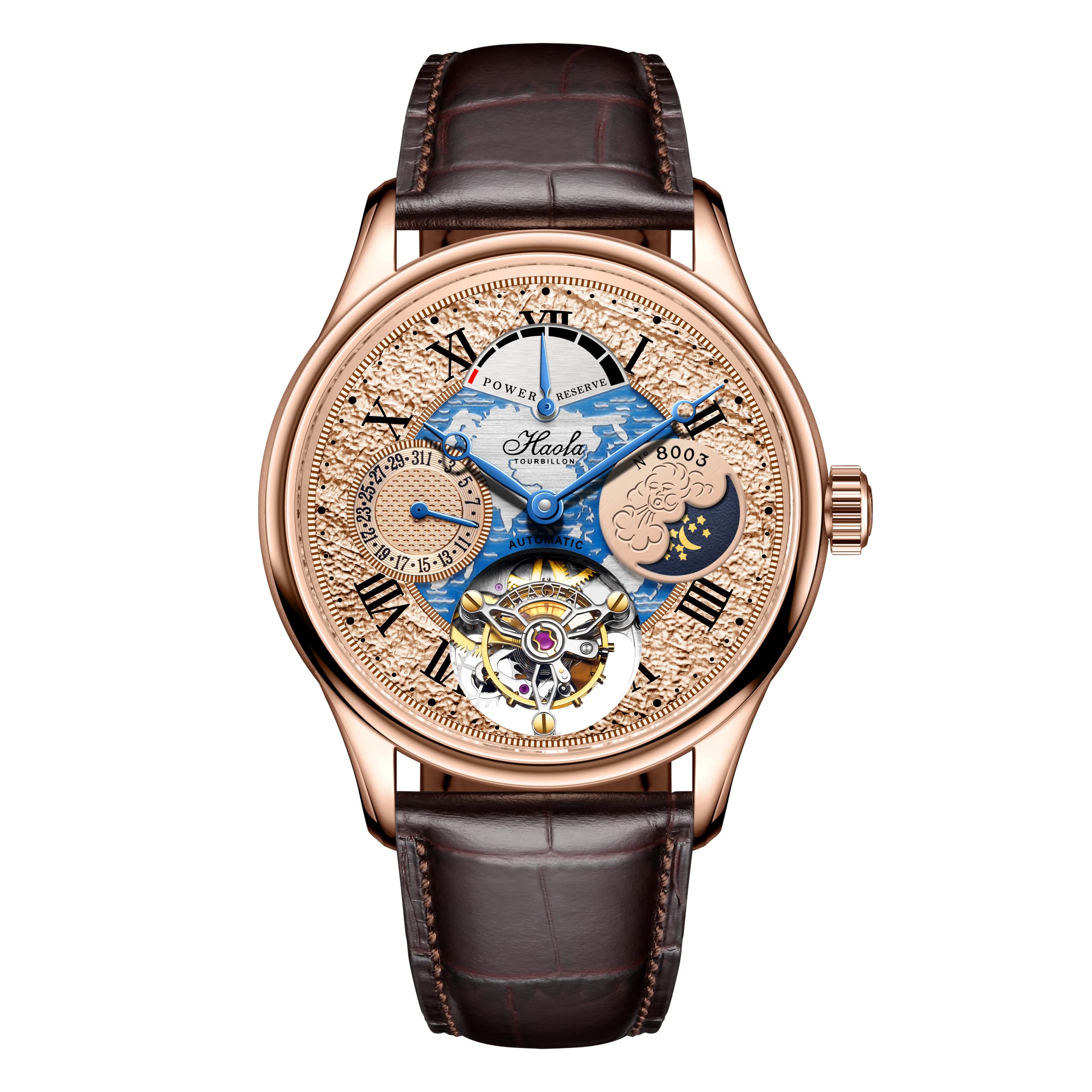 

HAOFA Tourbillon Watch Mechanical Automatic Winding Energy Display Hollow Dial Moon Phase Stylish Date Luxury Sapphire Glass Popular Waterproof Gift