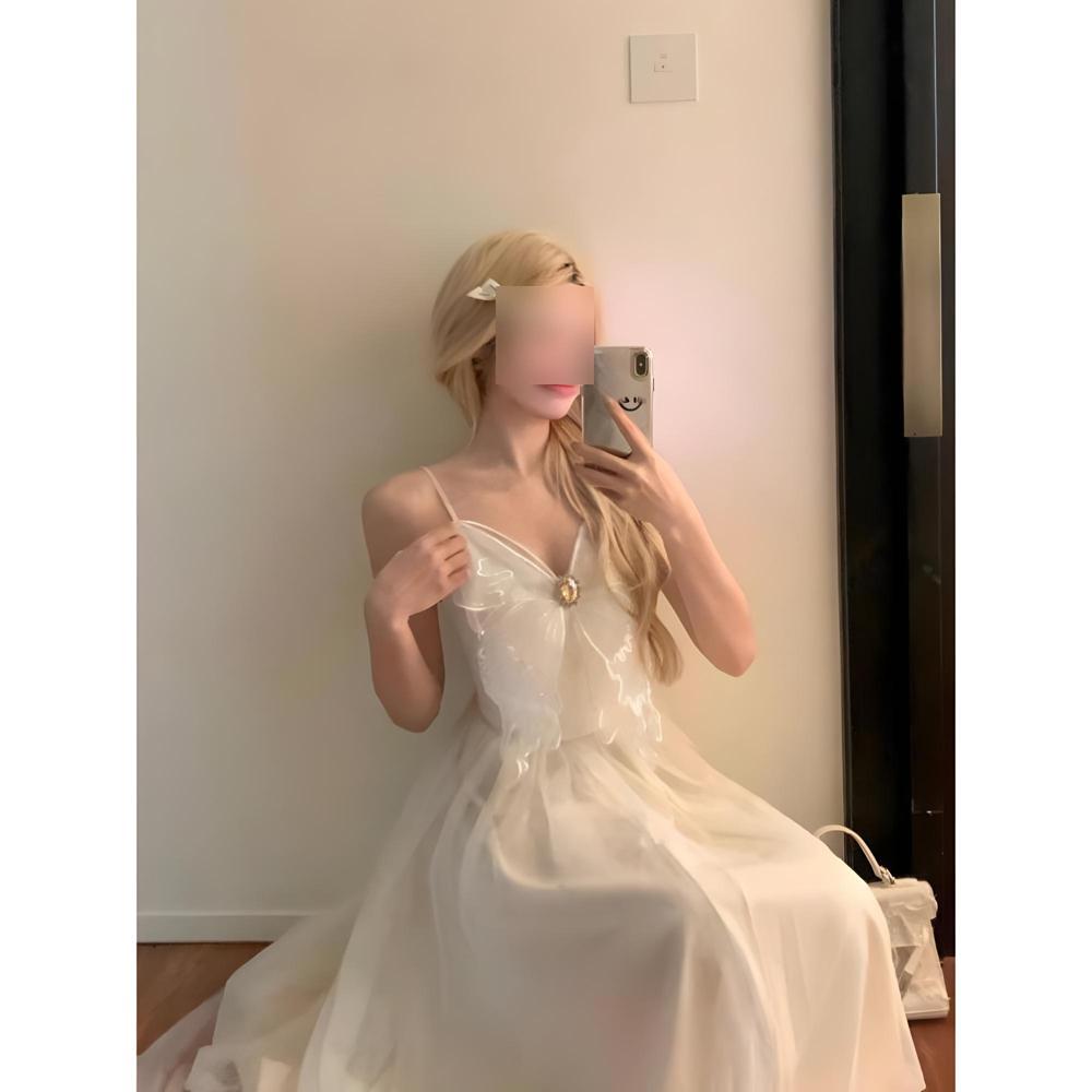 French Beautiful Mesh Suspender Dress Fairy Summer High-end Versatile Backless Seaside Vacation Waist Birthday Dress