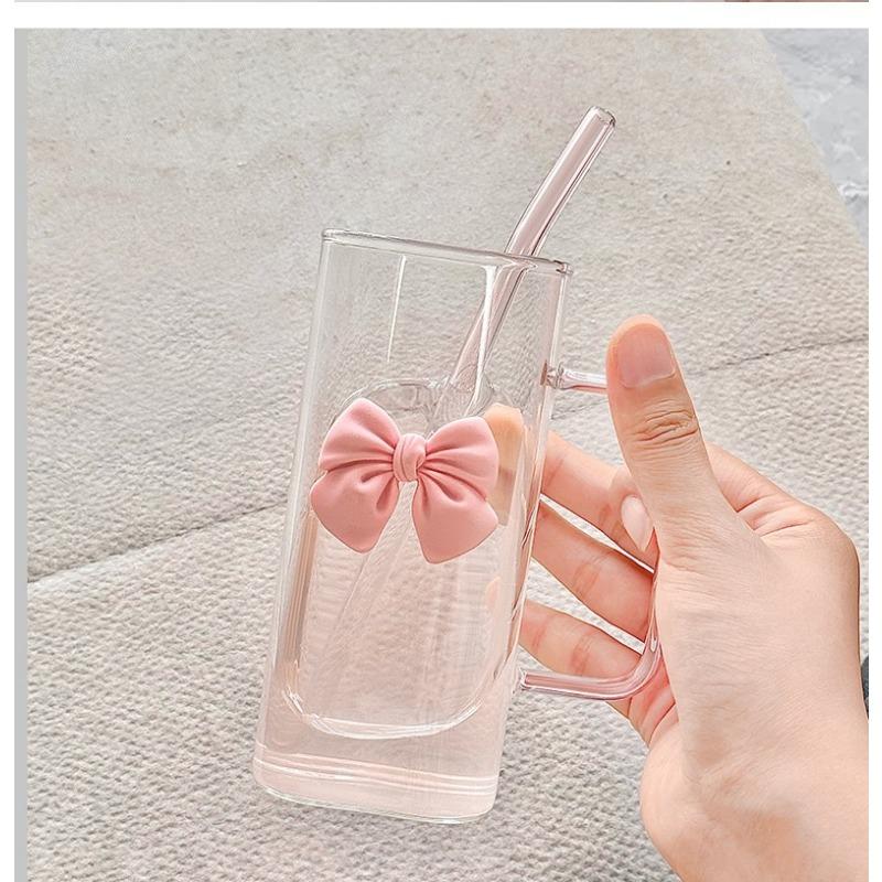 350ml Square Glass Straw Cup with Handle Bow Water Cup Household Cup Female Milk Coffee Cups with Pink Tumblers Handle Gift