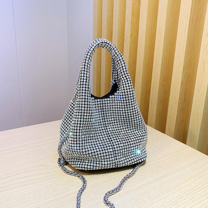 Fashion Rhinestone Small Bucket Bag for Women Sling Shoulder Crossbody Bag with Diagonal Chain Stylish Ladies Handbag