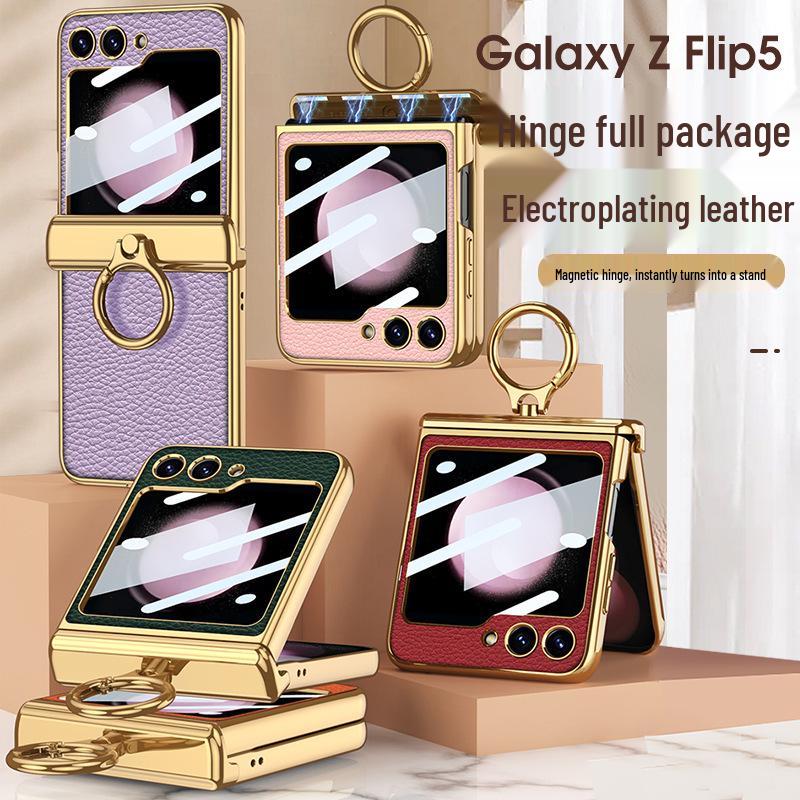 ZFlip5 Magnetic Hinge Leather Ring Case - Foldable Screen, Creative & Simple Design