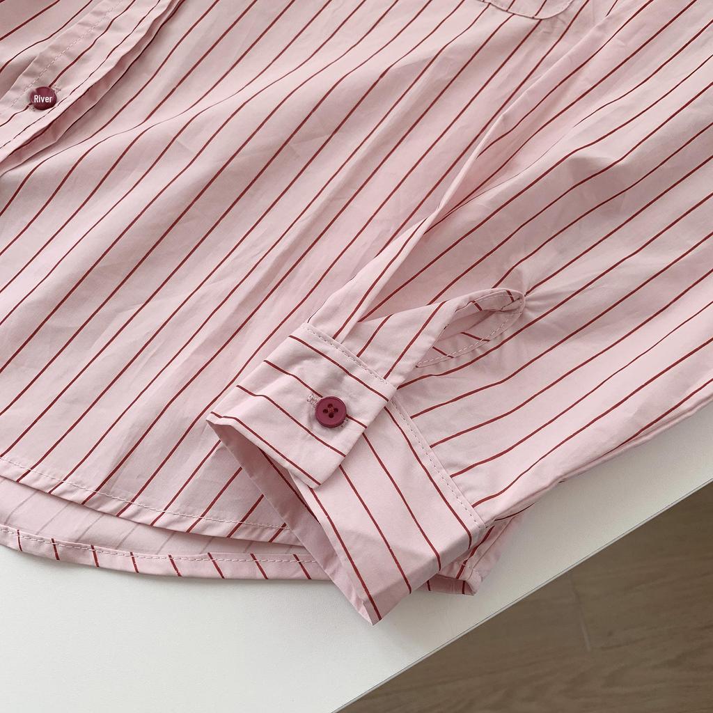Damen Rosa Nadelstreifen Besticktes Polokragen Langarmhemd - Koreanisches Frühlingsdesign