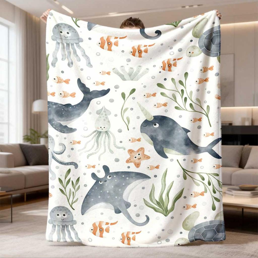 2026 Ocean World Flannel Throw Blanket, Soft Polyester, Light Blue & White, Digital Print, Whales, Fish & Jellyfish, All-Season, Square, 200-250gsm, C