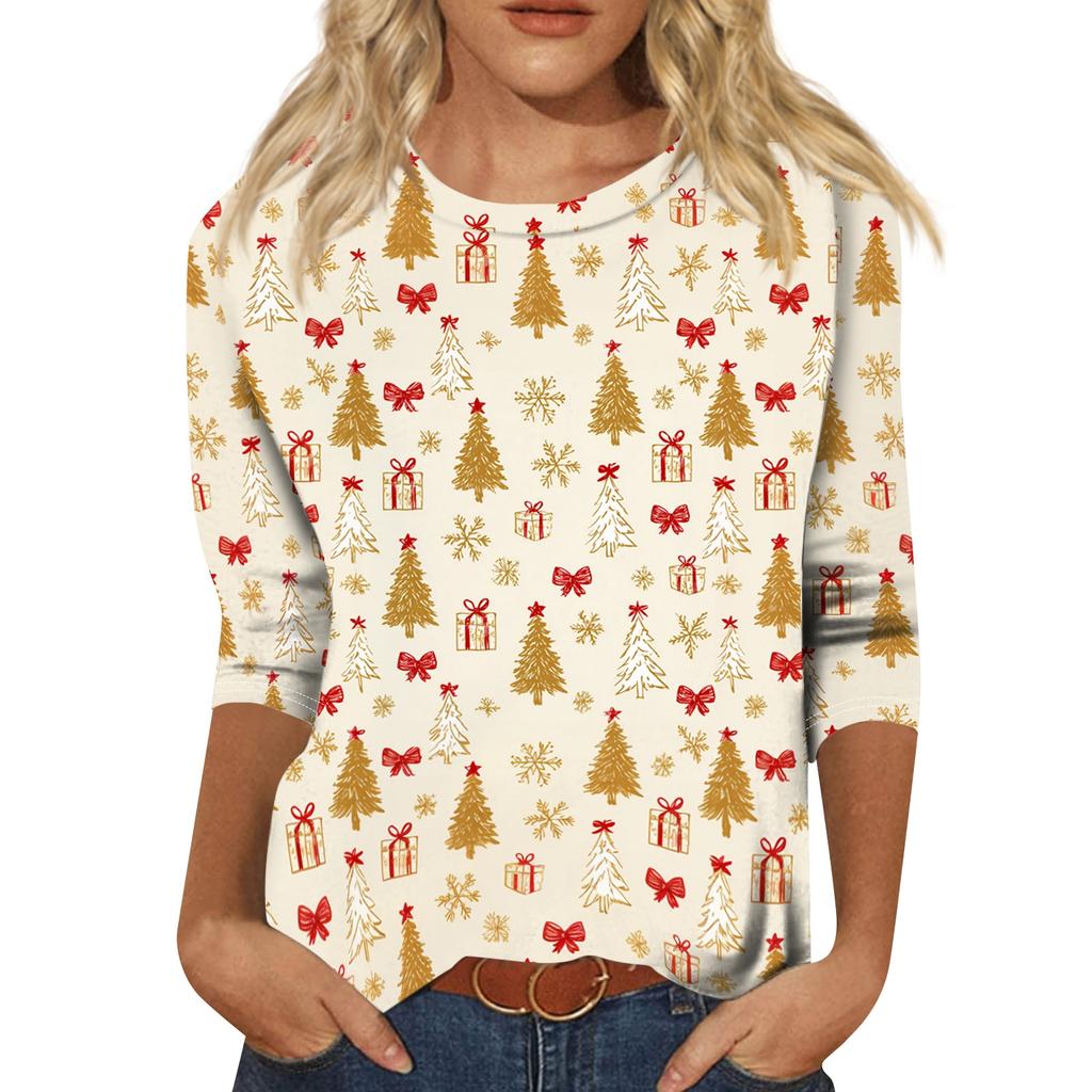 Women's Fashion Casual Christmas Print Three-Quarter Sleeve Neck T-Shirt