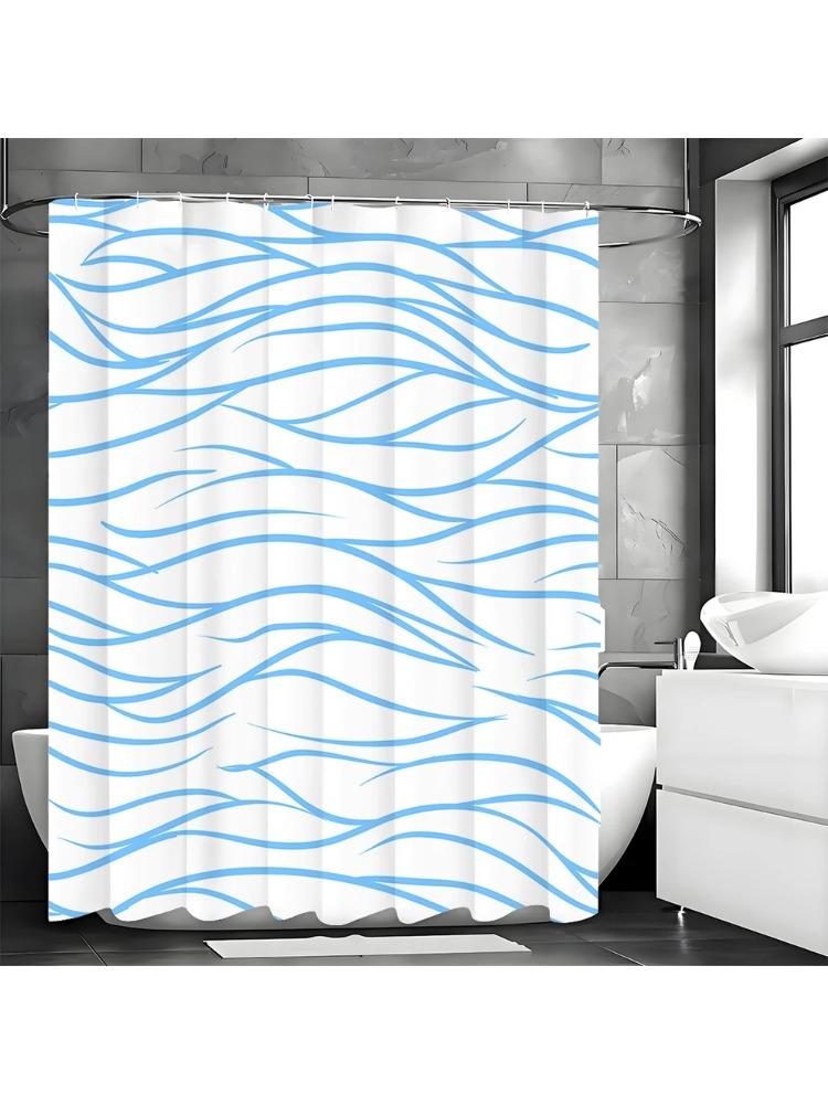 Blue Striped Shower Curtain, Bathroom Decorative Shower Curtain, Waterproof Shower Curtain with Hooks W90xH180cm