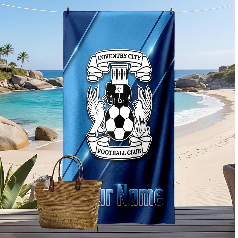 Coventry City FC Personalized Printed Beach Towel Soccer Logo Support Custom Name Text Absorbent Towel For Sport Travel Special Gift