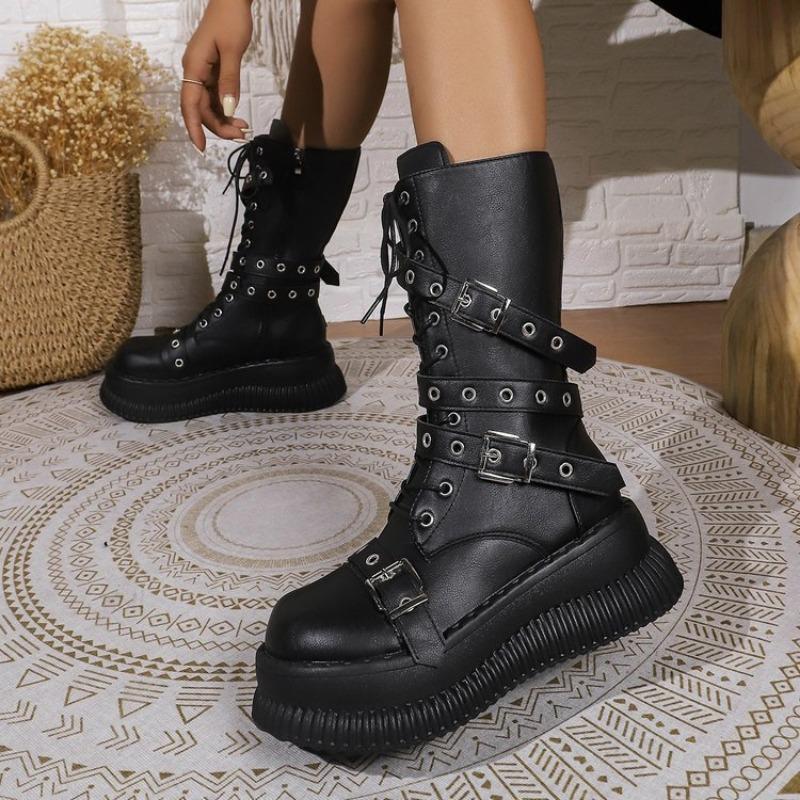 Fashion Punk Gothic Women Boots 2024 Autumn Winter Platform Heightened Lace Up Short Boots Black 6cm Chunky Heel Knight Botas Goth Shoes