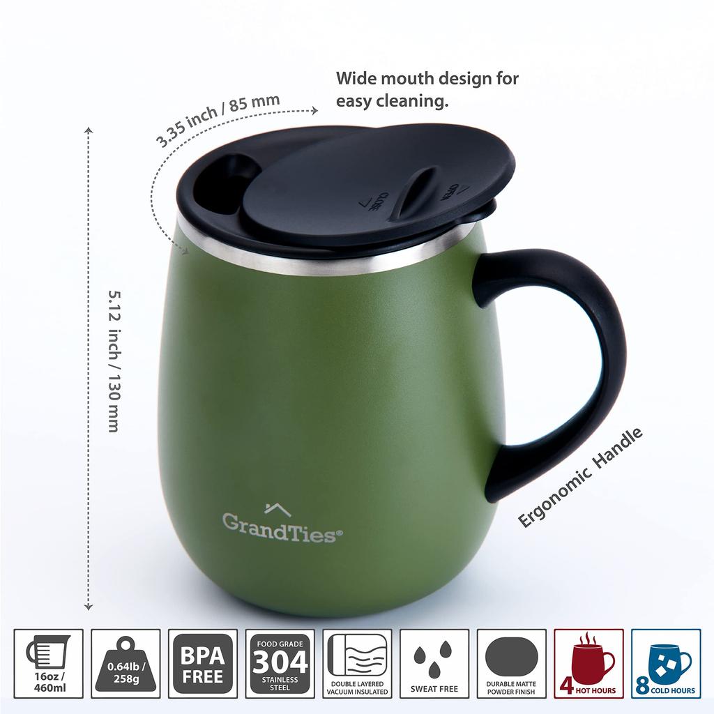 GRANDTIES Premium Vacuum Insulated Available in 19 with Sliding Stainless Steel Vacuum and Popular in the Office Mug, 460ml, Colors, Easy-Open Lid,