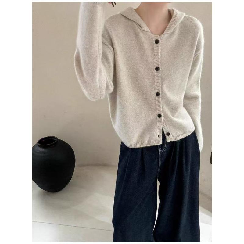 New autumn and winter simple retro hooded single-breasted knitted jacket women's plush casual knitted cardigan women's