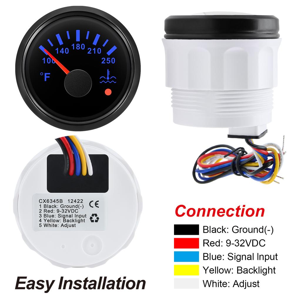 HD 52mm Digital Car Gauge Water Temperature Meter 100-250℉ 7Colors Backlight Automotive Water Temperature Indicator Black Shell