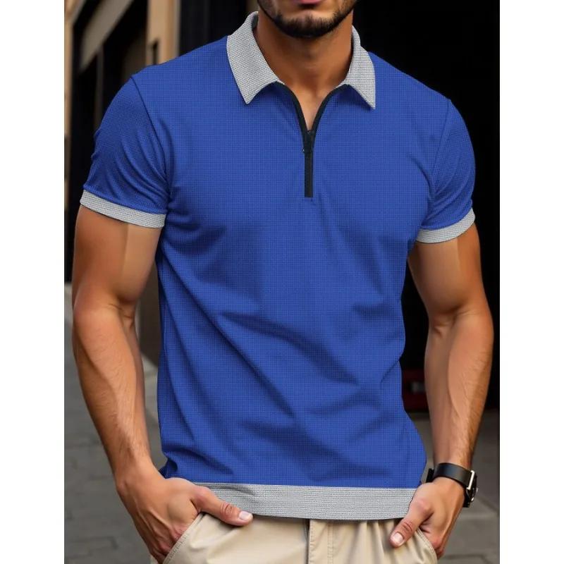 Summer Men's Casual Polo Shirt Half Zipper Patchwork Short Sleeve Polos Man Fashion Tees