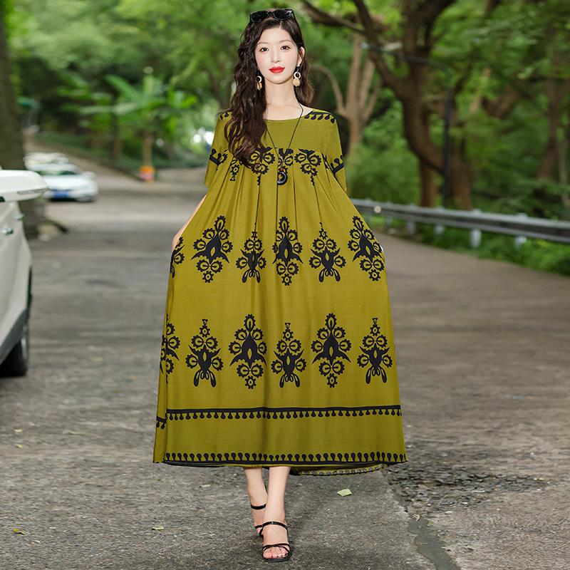 New Bohemian ethnic style short-sleeved summer cotton and silk dress loose fashion large size artificial cotton long skirt